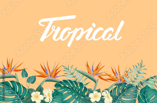Tropical flower frame with summer holidays text. Happy holiday invitation card with floral garland and calligraphic text - Tropical. Vector illustration. photo