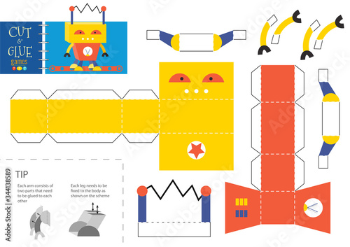 Cut and glue robot toy vector illustration, worksheet.