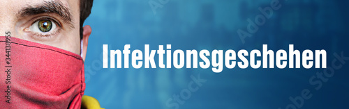 Infektionsgeschehen. Mann mit Mundschutz vor blauen Hintergrund mit Menschen. Corona, Krankheit, Medizin, Gesundheit, Virus photo