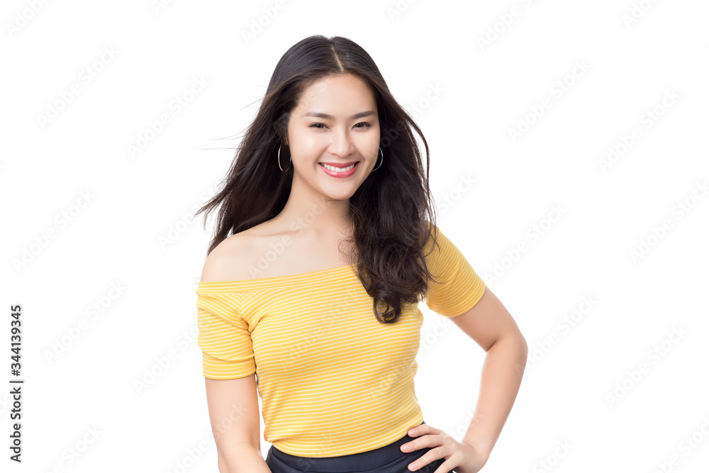 Young happy Asian woman with smiley wearing nice yellow dress isolated on white. summer concept. Young happy Asian woman with smiley wearing nice yellow dress isolated on white. summer concept.