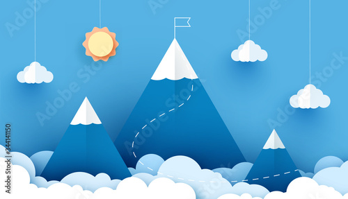 Business concept illustration. the mountain top with flag. Paper art style vector illustration. Elements are layered separately in vector file.