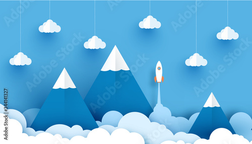 rockets glide over the mountains with views over the beautiful clouds. vector illustration