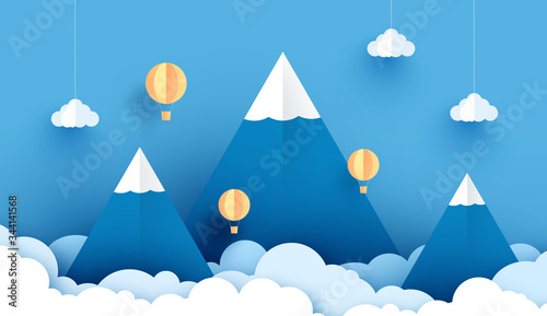 3D paper art and craft of balloon white floating on sky, Balloon with travel. landscape snowy mountain.vector illustartion
