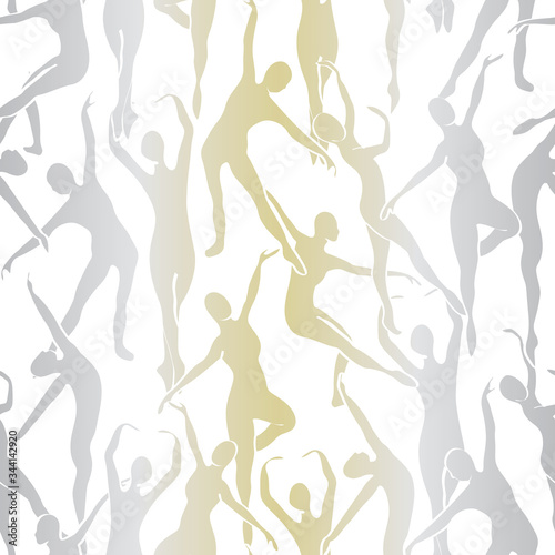 Vector Ballet Dancers in Gold and Gray Ombre on White Seamless Repeat Pattern. Background for textiles  cards  manufacturing  wallpapers  print  gift wrap and scrapbooking.