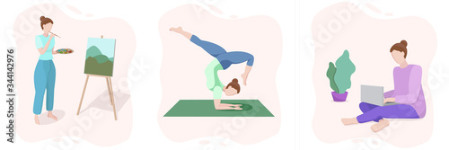 Stay home concept. The woman painting, working on laptop, doing yoga. . Set of illustration of home activities.