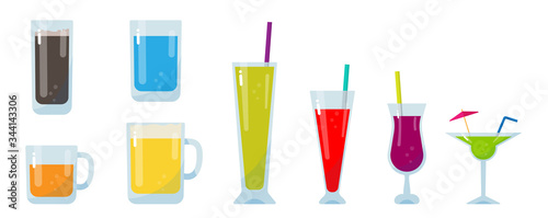 Colorful glass of drink set  Alcoholic   fruit juice  beer  water and other drinks