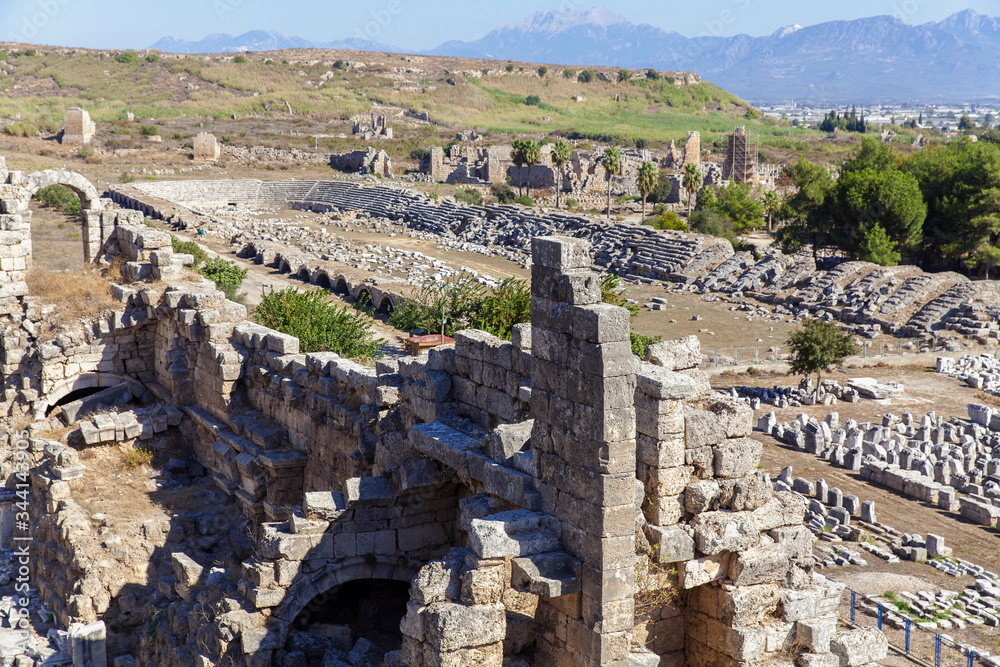 ruins of Ancient Greek Stadium, Perge, Antalya, Turkey.