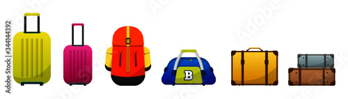 Travel luggage set for holidays, vacations and journey. Baggage, backpack, sport, bag, suitcase, colorful, stylish vector baggage illustration luggage