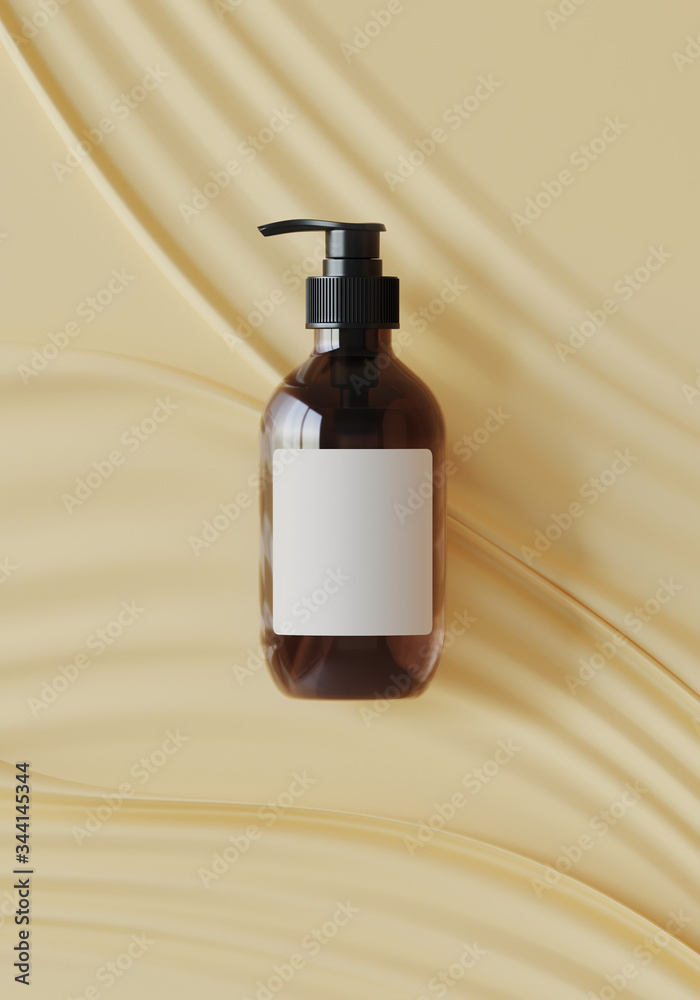 Minimal background for soft and smooth concept. Cosmetic bottle on cream ripple surface background. 3d rendering illustration.