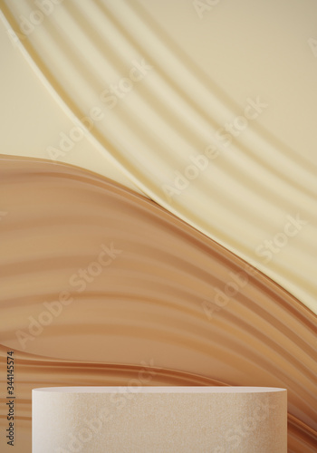 Fototapeta Naklejka Na Ścianę i Meble -  Minimal background for soft and smooth concept. Beige fabric podium with cream ripple surface background. 3d rendering illustration.