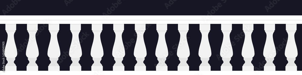 Seamless pattern. White Railings, handrails or sections of fencing with classic decorative pillars and balusters for architectural design. Vector stock flat illustration isolated.