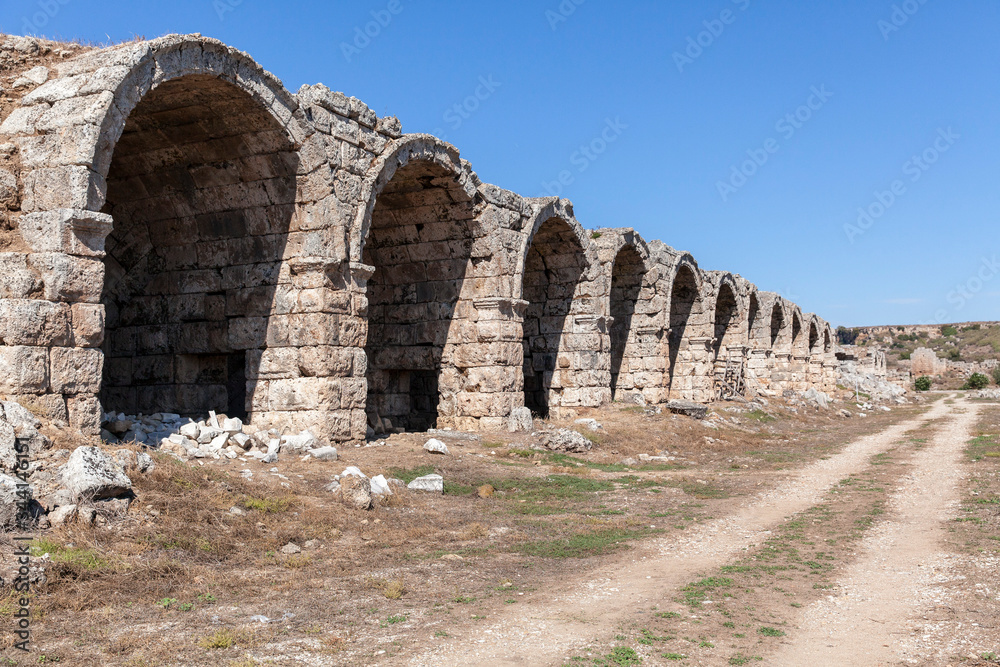 ruins of Ancient Greek Stadium, Perge, Antalya, Turkey.