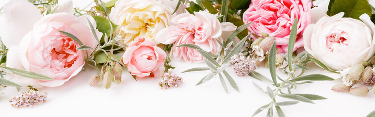 Festive flower composition on the white background. Overhead view