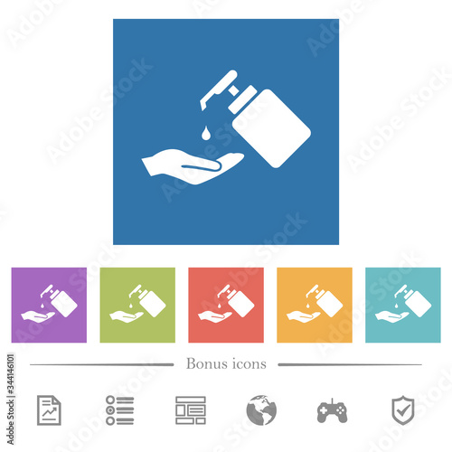 Hand washing with liquid soap flat white icons in square backgrounds