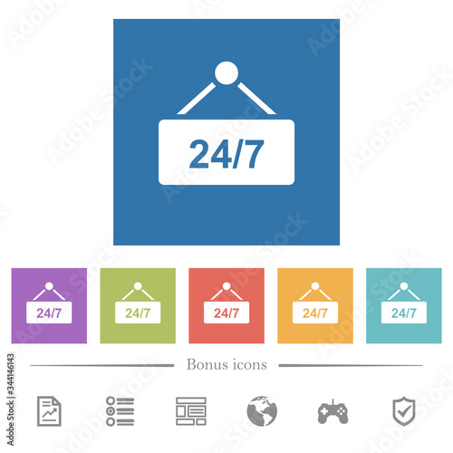 hanging table with 24h seven days a week flat white icons in square backgrounds