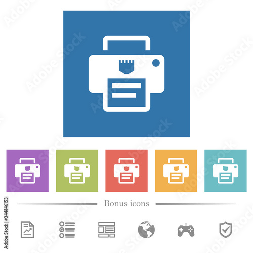 IP printer flat white icons in square backgrounds