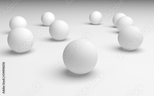 White abstract background. Set of white balls isolated on white backdrop. 3D illustration