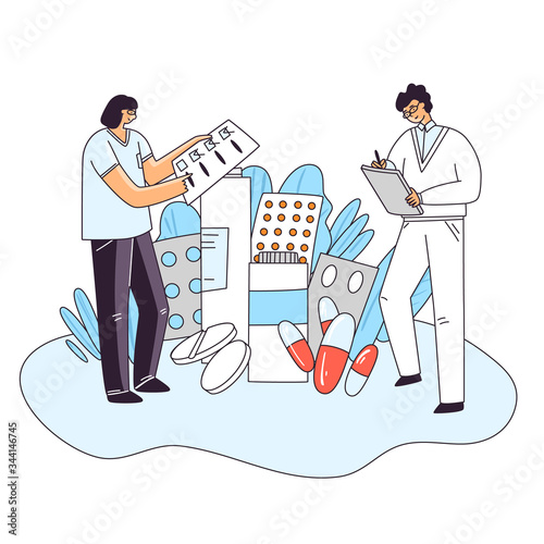 Vector flat illustration of man and woman characters checking up medical drug, pill, capsule for human health. Medicine pharmaceutical treatment and research concept, RX Prescription Doctor Choice