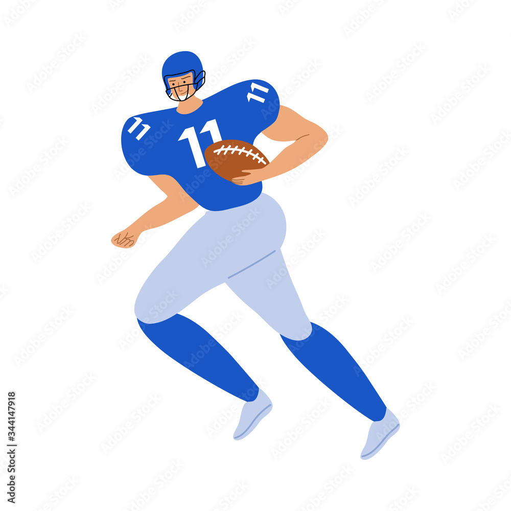 Young sportsman in special blue uniform playing rugby vector illustration