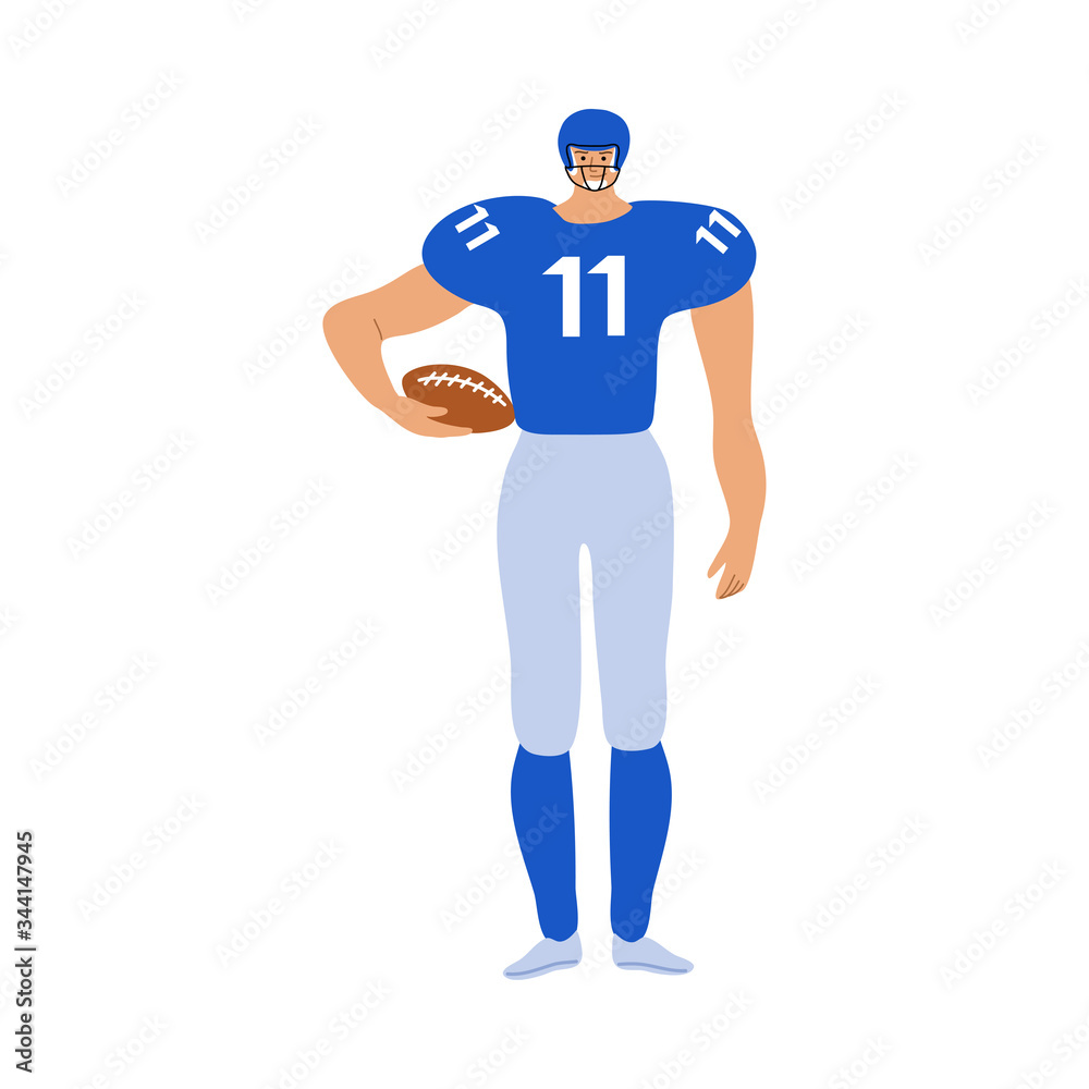 Young sportsman in special blue uniform playing rugby with brown ball