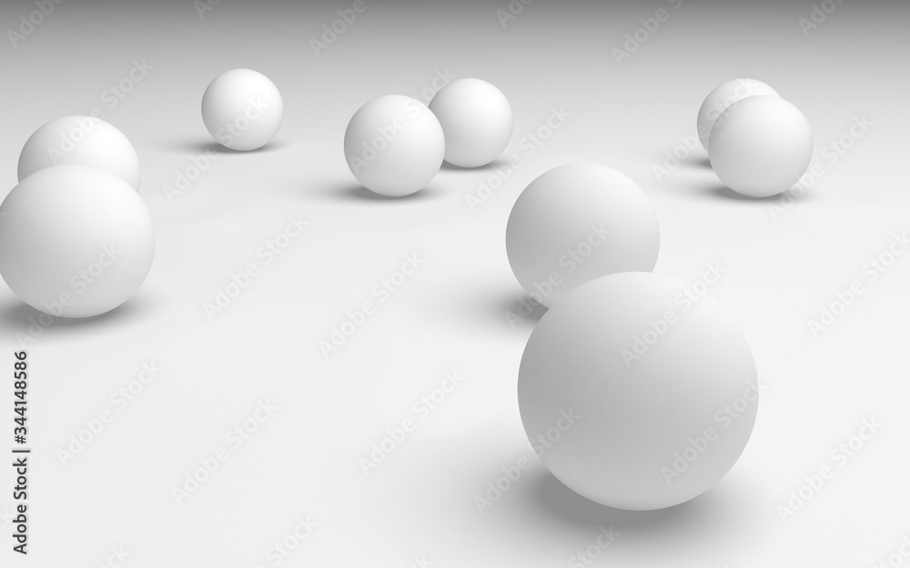 White abstract background. Set of white balls isolated on white backdrop. 3D illustration