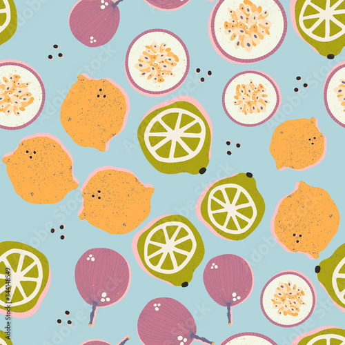 Fototapeta Naklejka Na Ścianę i Meble -  Colorful hand-drawn passion fruits, lemons and limes in vector seamless pattern. Contemporary bright summer background with trendy colors