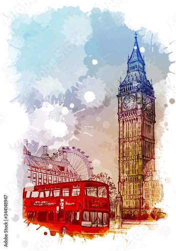 Parliament square, Westminster, London, UK. Vintage design. Linear sketch on a watercolor textured background. EPS10 vector illustration