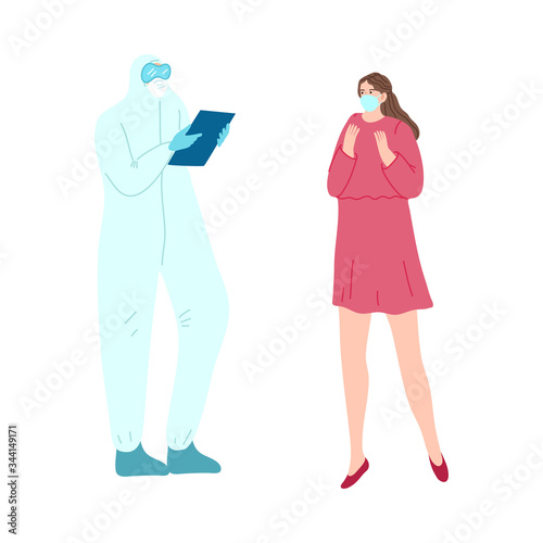 Doctor standing and telling medical reseash results to woman during pandemic