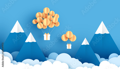 paper art of balloon white floating and Gift Box on in the air blue sky background for Merry Christmas and Festival poster. Creative design paper craft and cut with Holiday season. vector.illustration