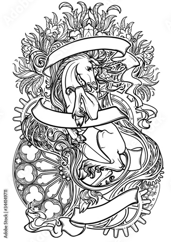 Intricate drawing of hte legendary Unicorn on a decorative flames and plants ornament with a motivation motto. Black line drawing isolated on white background. Vintage logo. EPS10 vector illustration