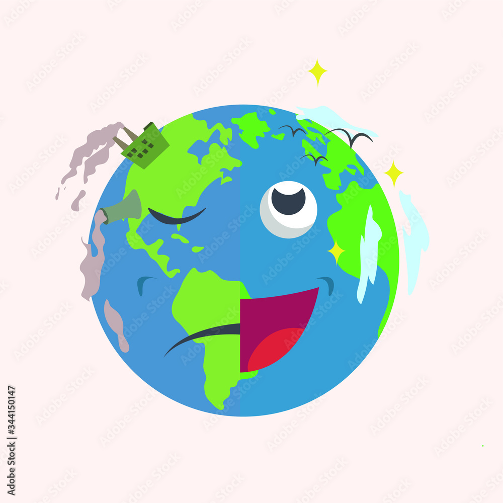Global warming vector concept with dualism in earth planet expression, polluted sad and glittering joy in the white background Global warming vector concept with dualism in earth planet expression, polluted sad and glittering joy in the white background