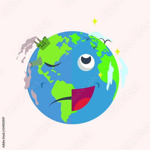 Global warming vector concept with dualism in earth planet expression, polluted sad and glittering joy in the white background
