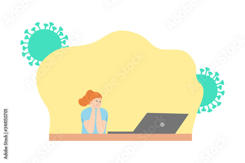 Woman watching movie from laptop and staying at home for protection from coronavirus infection
