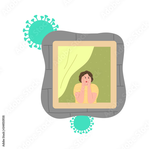 Girl looking at window and staying at home for protection from coronavirus