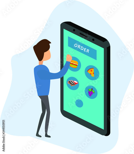 Fast food self service kiosk vector concept with male figure touching a digitalkiosk screen for ordering food