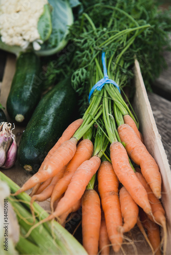 Cagette de légumes frais : carottes, courgettes, ail