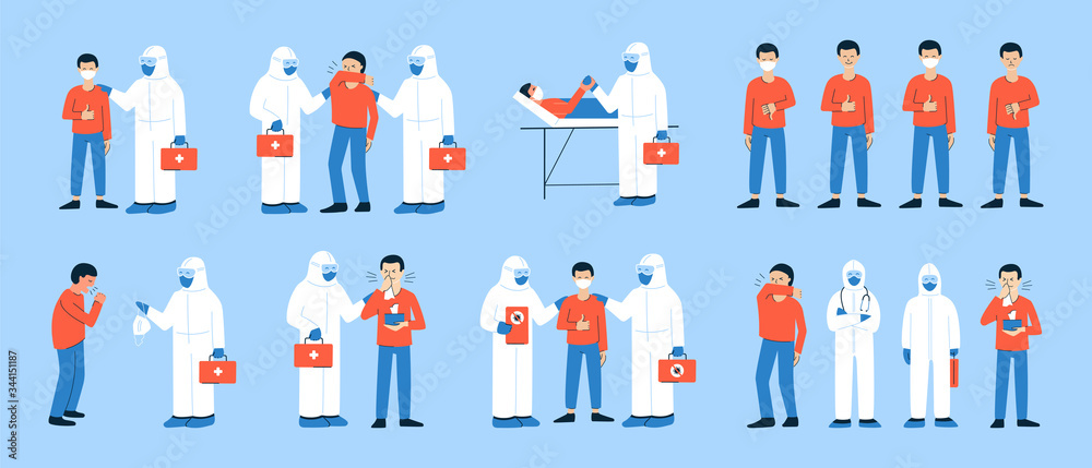 Set of isolated vector illustrations in flat style. Coronavirus COVID-19. Clip art for health care, medicine design. Doctor in white hazmat suit and coughing, sneezing people. Happy man in mask. Set of isolated vector illustrations in flat style. Coronavirus COVID-19. Clip art for health care, medicine design. Doctor in white hazmat suit and coughing, sneezing people. Happy man in mask.