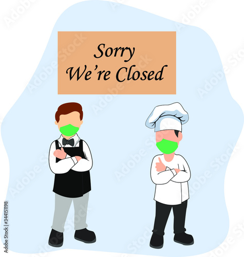 Covid-19 social distancing vector concept with waiter and chef posing and standing under the closed signboard; in the white background with blue shades
