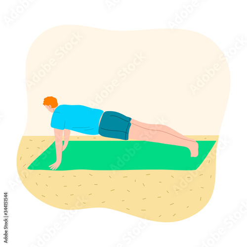Man doing morning exercises during isolation for protection from coronavirus infection