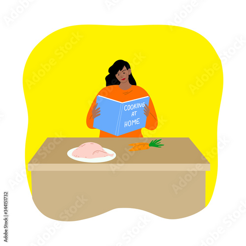 Woman cooking chicken during isolation for protection from coronavirus infection