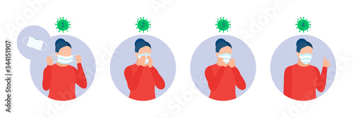 Infographic, how use mask properly. Instruction for personal hygiene during coronavirus. Healthcare concept banner. Covid-19 prevention, Cartoon woman wears a protective mask. Flat vector illustration