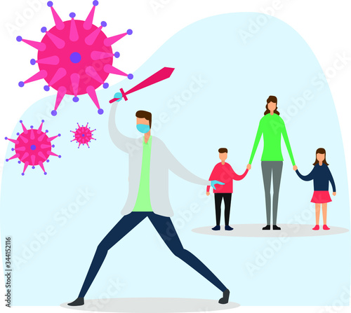Coronavirus vector concept, with doctor fighting big red virus germs with sword while protecting his family in the white background with blue shades