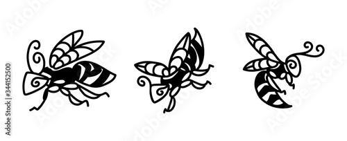 Hand drawn vector wasps. Doodle illustration of wasps in different poses.