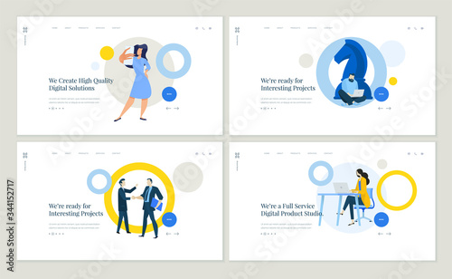 Set of flat design web page templates of social media, project management, business strategy, digital services. Modern vector illustration concepts for website and mobile website development. 