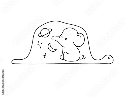 Vector contour drawing. Cartoon elephant into snake. Child coloring page. Small cute tatoo. Sketch doodle drawing. Eat an elephant.  