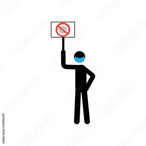 Figure of a man in a medical mask for the prevention of coronavirus. Stick man with a stop coronavirus poster.