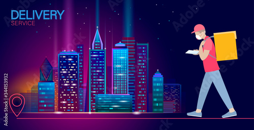 Walking city delivery box. Walk road neon lights food shipping mobile app order. Package quarantine thermal bag backpack dinner meal. Fast delivery concept vector illustration