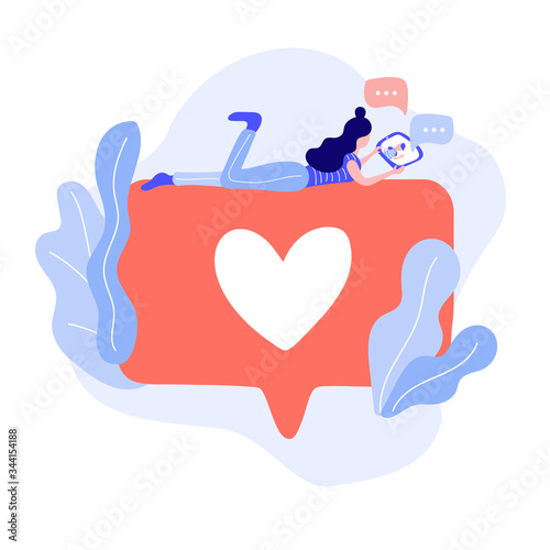 Young woman running and grabbing like notifications. Girl addicted to social media and online feedback. Addiction to internet approval and validation. Vector illustration in flat cartoon style