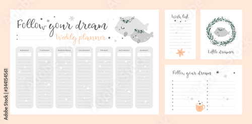 Wish list template, card, weekly planner page with cute baby animals in cartoon style. Set of stationery digital prints. Follow your dreams. Flat lay, organizer mock up. Pastel colors