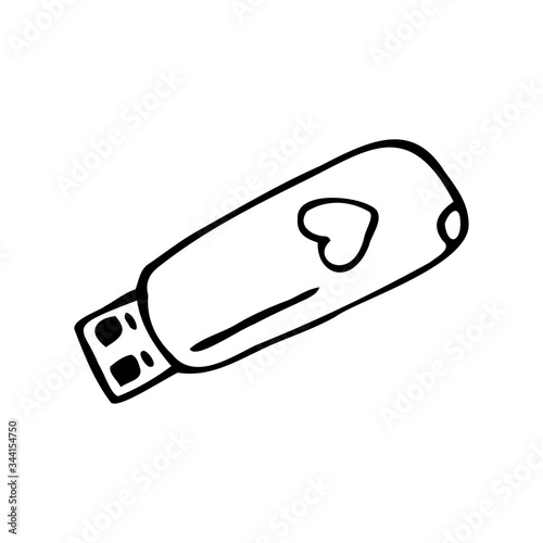 Hand drawn computer flash drive isolated on a white background. Doodle, simple outline illustration. It can be used for decoration of textile, paper and other surfaces.